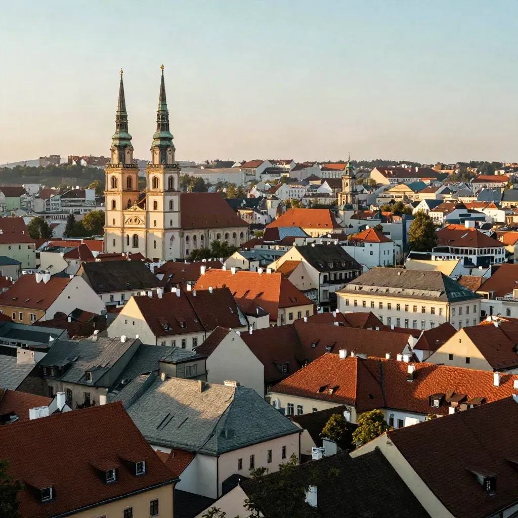Brno ze Špilberku se sv. Petrem v teplém zlatém světle a mlhavým panoramatem.
