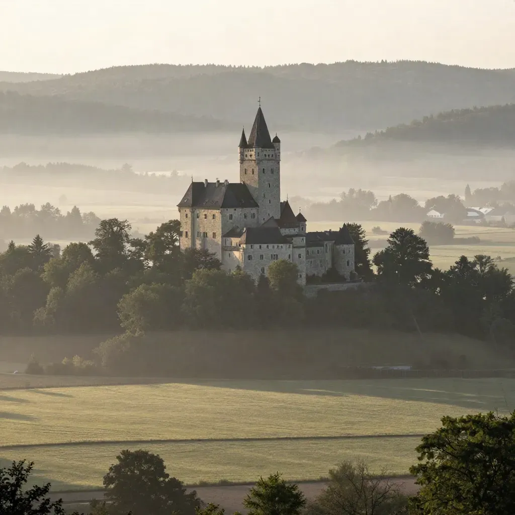 Karlštejn nad mlhavým údolím za úsvitu, šumavé lesy a tiché louky.