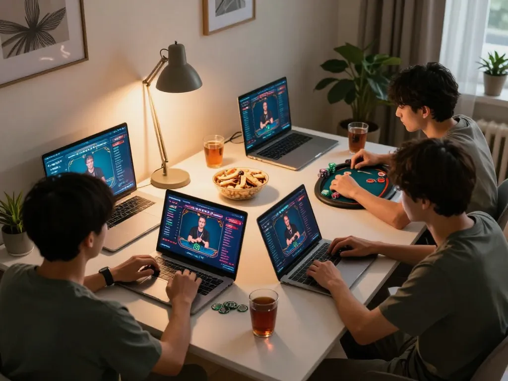 Players strategizing in an online poker game on rr88 platform, demonstrating intense gameplay.