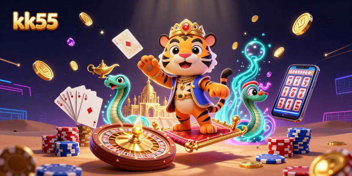 Experience thrilling wins with kk55, featuring a vibrant casino scene of a tiger sultan on a poker chip carpet.