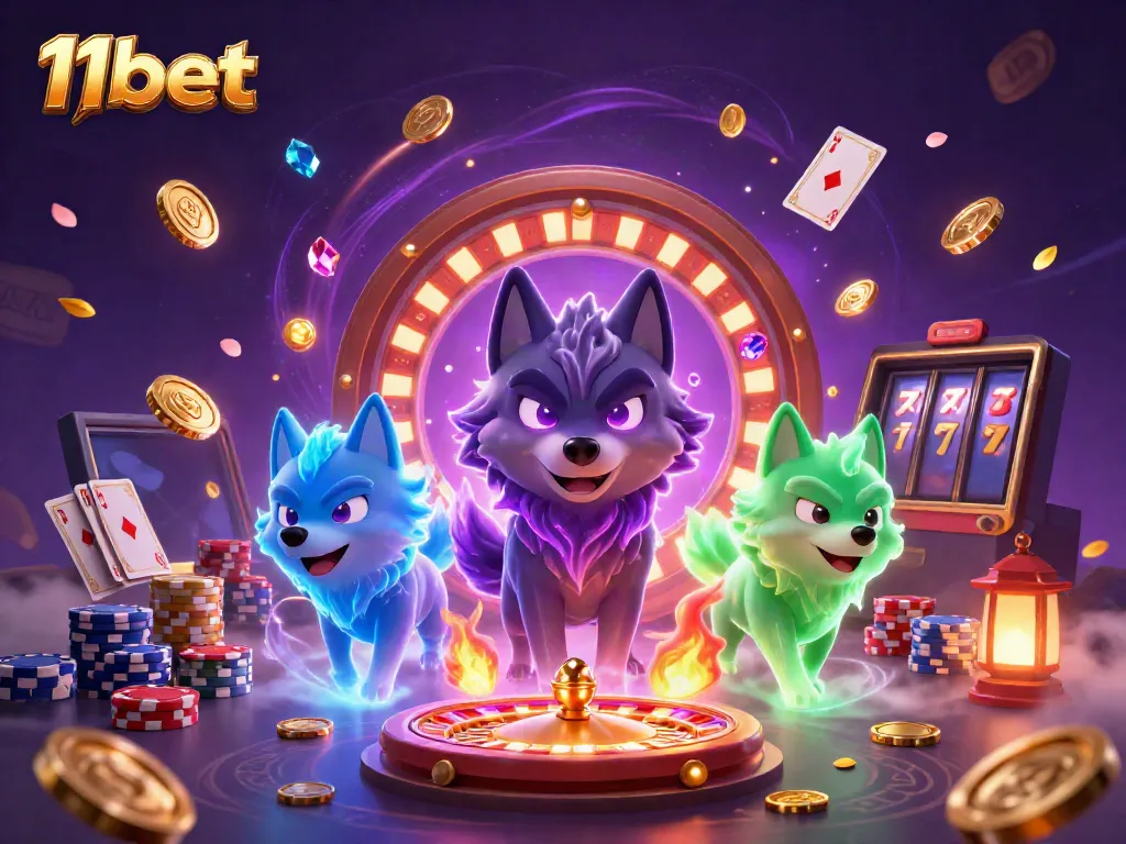 Experience thrilling gameplay at 11bet with vibrant scenes of captivating animations and iconic casino elements.
