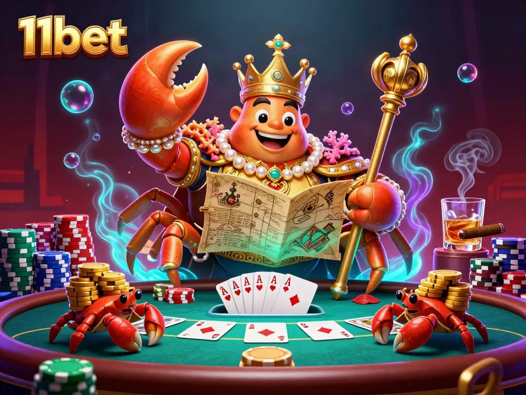 Engage in thrilling casino action with 11bet's golden crab emperor amidst colorful poker tables and chips.