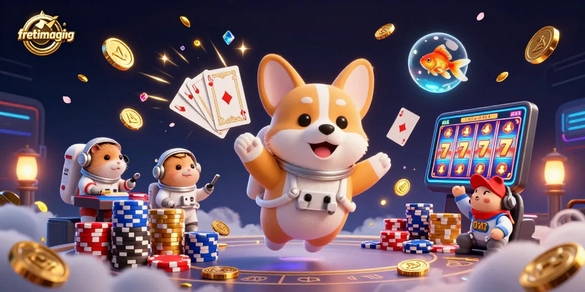 Experience the thrill of fretimaging in a vibrant casino scene with floating characters, coins, and cards.