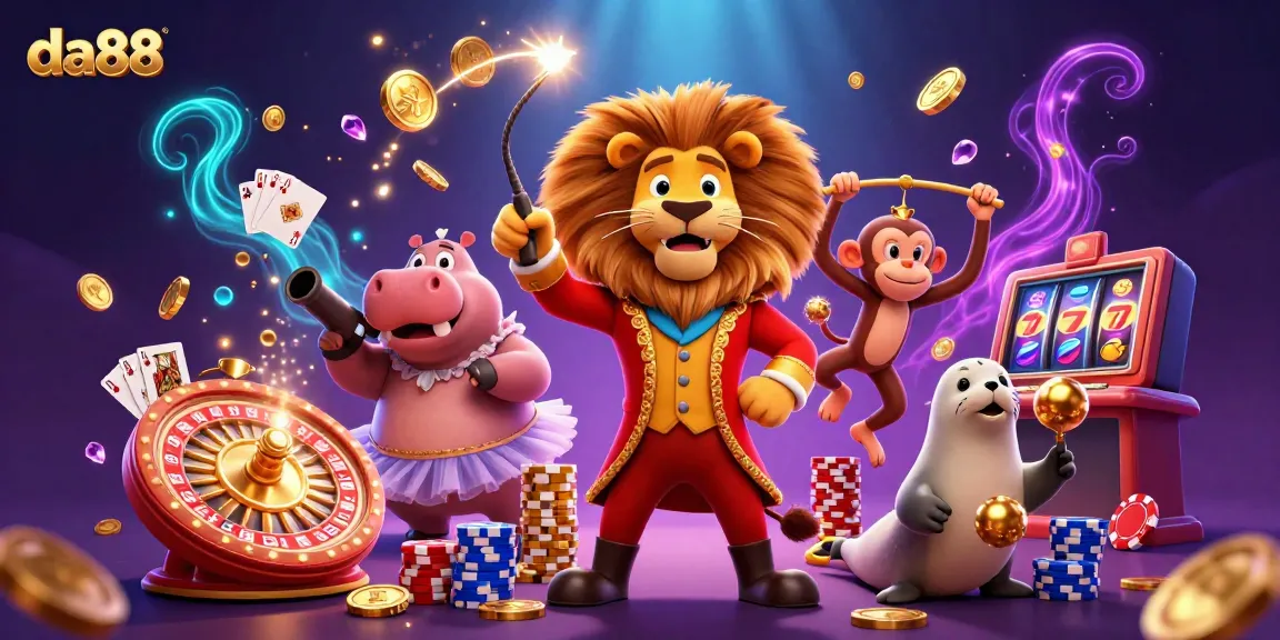 Experience dynamic casino fun in da88 with vibrant circus characters, slots, and roulette action.