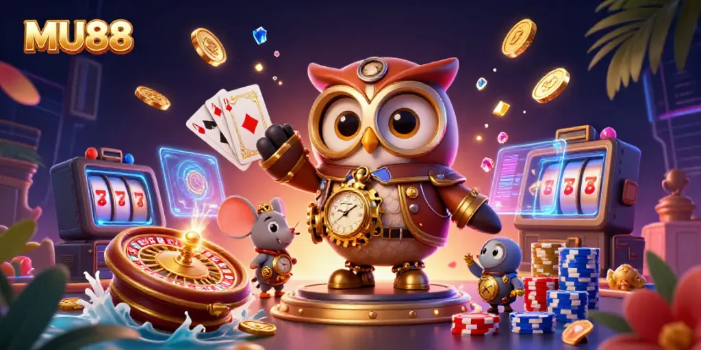 Engage with MU88’s thrilling online casino, showcasing vibrant elements like golden coins and roulette wheels.