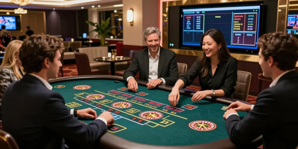 Exciting gaming scene at man88 online casino with live dealers and vibrant tables