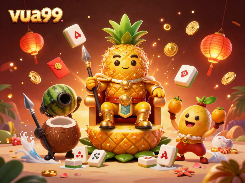 Engage with immersive gaming at vua99 featuring a dynamic scene of a golden pineapple king and his jester on a vibrant casino beach.