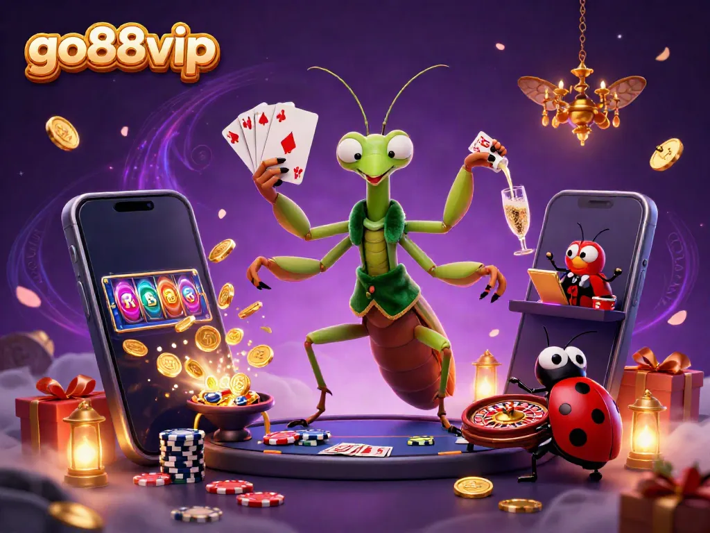 Experience the excitement of go88vip as a mantis card sharp and ladybug pit boss shuffle casino elements in a vibrant scene.