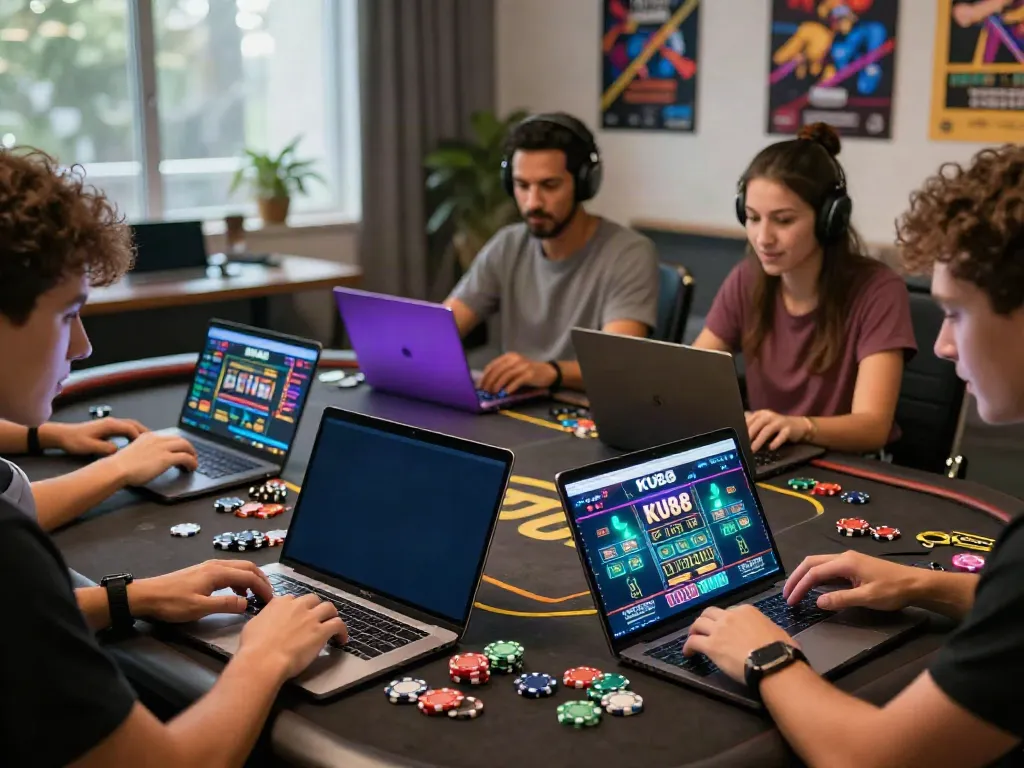 Gamers enjoying the online betting experience on https://ku88vt.com/ in a vibrant gaming room.