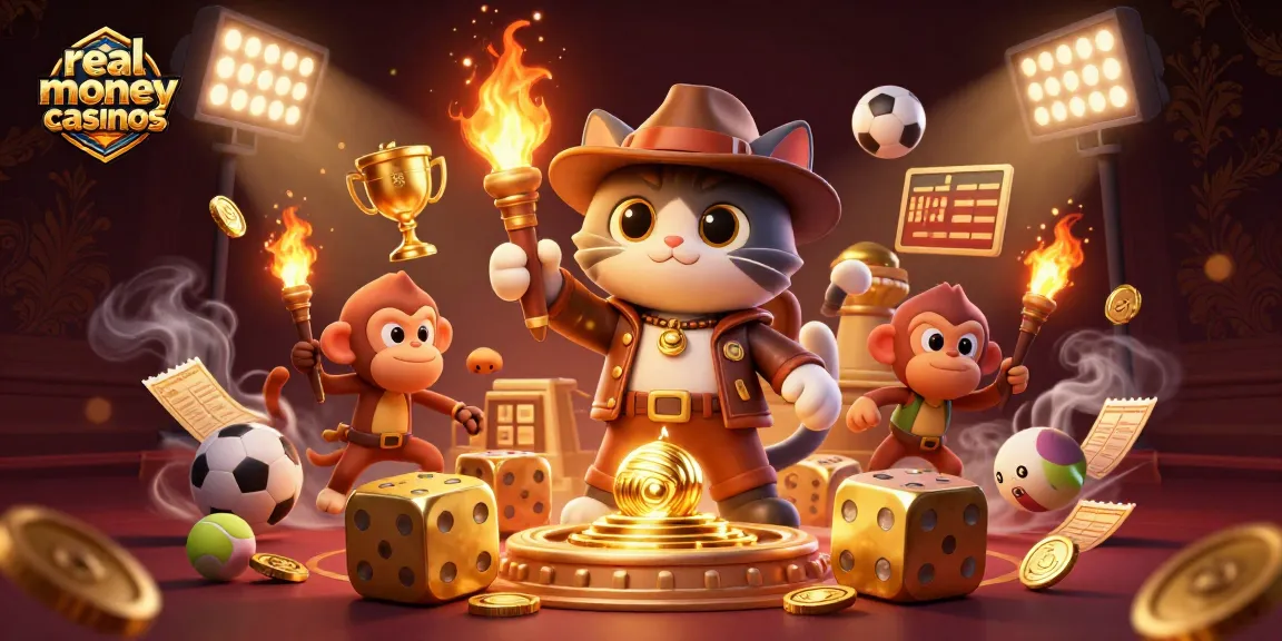 Engage in real money casinos with an explorer cat and a monkey uncovering treasure amid vibrant sports-themed elements.