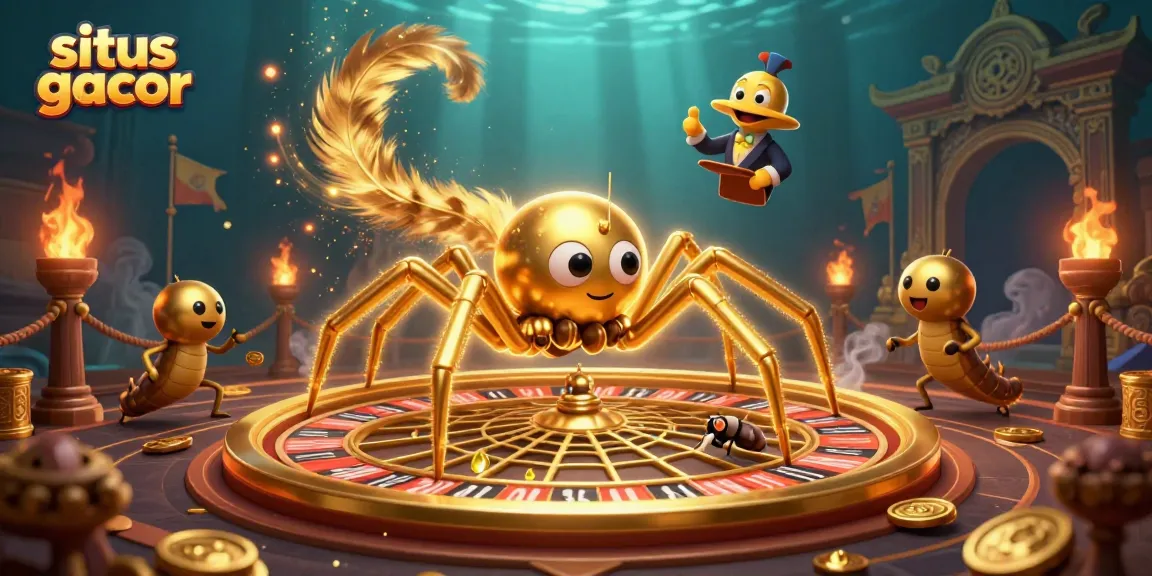 Situs gacor featuring a golden spider spinning a roulette web in a vibrant cartoon illustration.