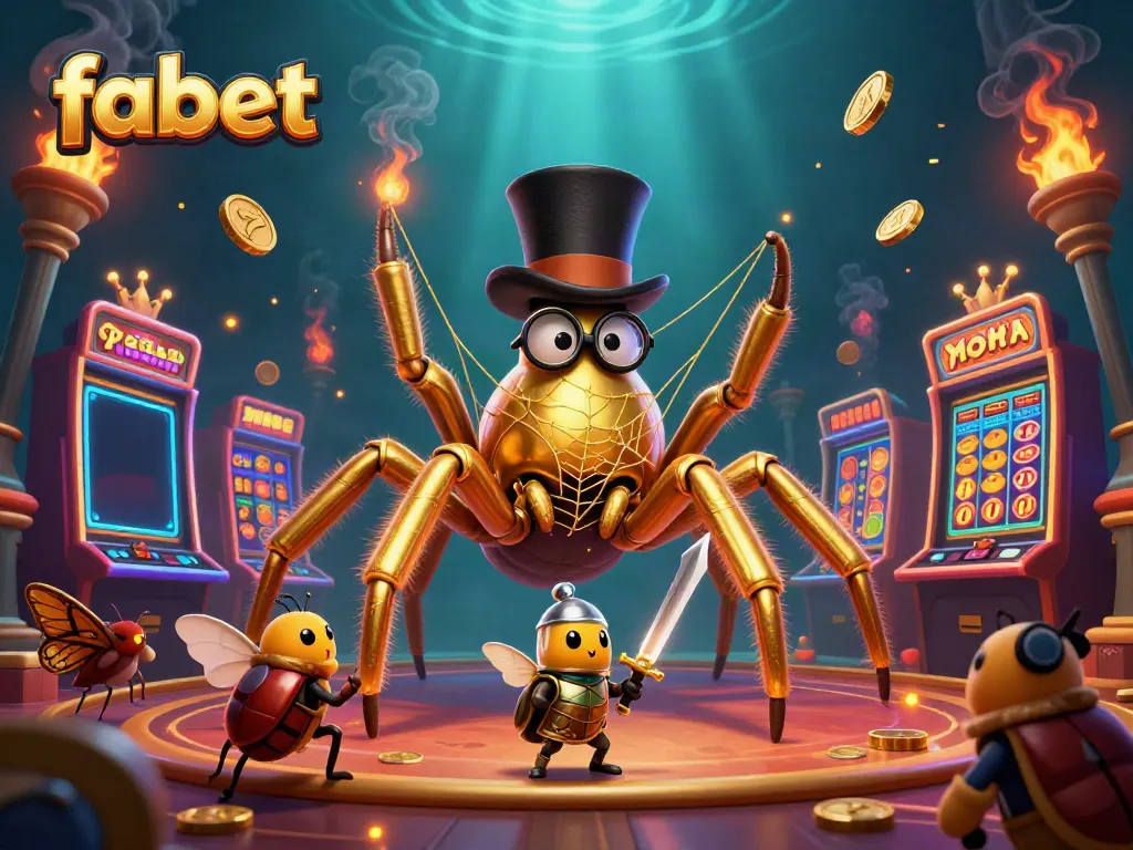 Experience exciting wins at fabet with the golden tarantula and beetle knight amid vibrant slot game elements.