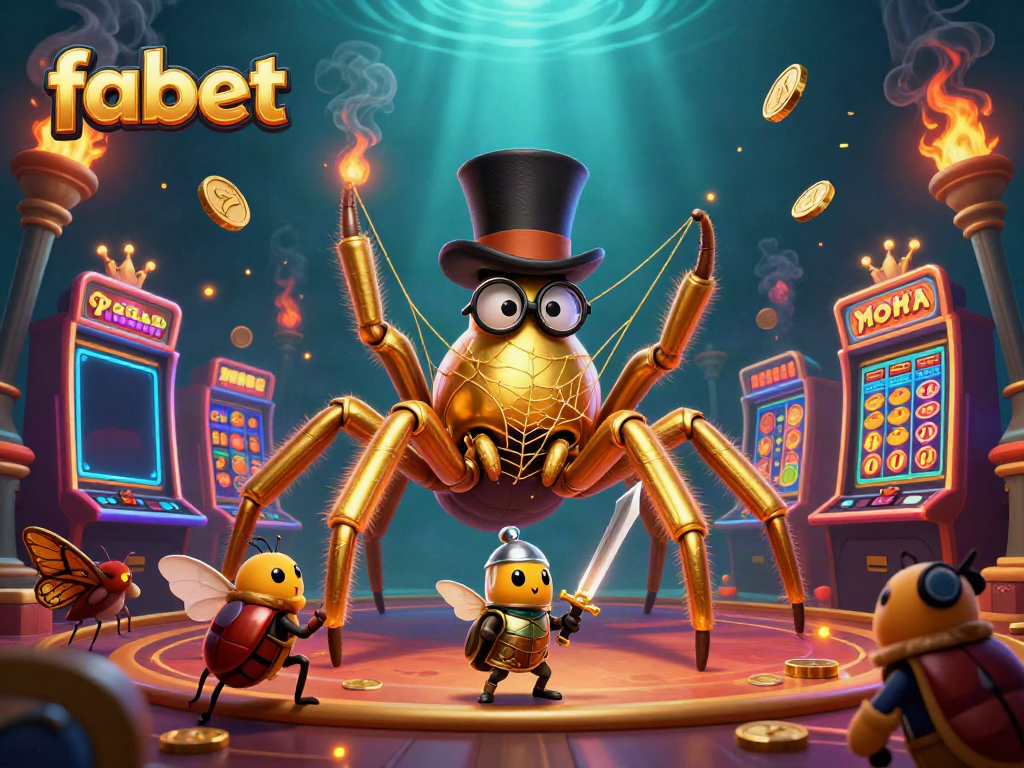 Experience exciting wins at fabet with the golden tarantula and beetle knight amid vibrant slot game elements.
