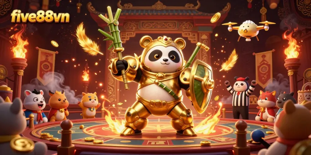 Experience the dynamic battle scene featuring five88vn in a vibrant casino arena with a golden panda mech.