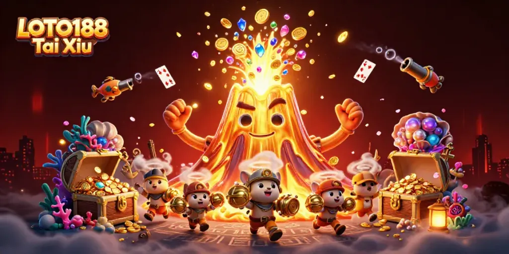 Engage in LOTO188 Tai Xiu gameplay with a dynamic scene of treasure and vibrant colors.