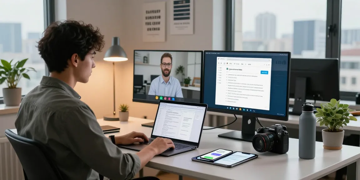 Professional using Telegram web version in a vibrant digital workspace.