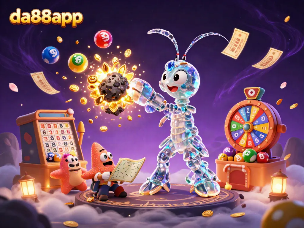 da88app gaming scene with mantis shrimp and starfish surrounded by bouncing lottery balls and golden prizes.