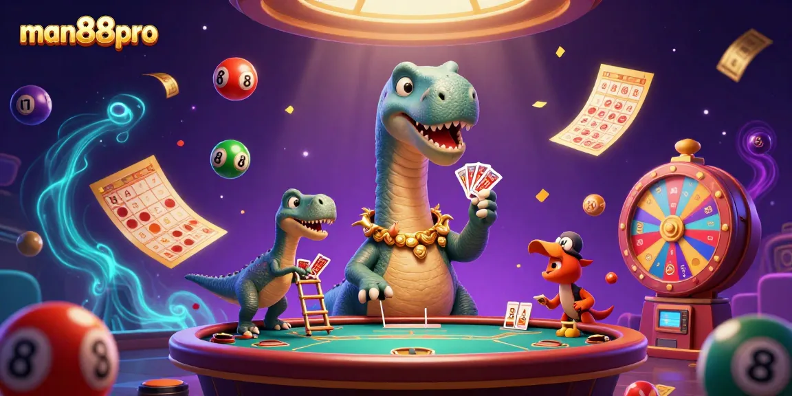 Engage with man88pro’s vibrant casino scene featuring a fun brontosaurus, a clever raptor, and colorful gaming elements.