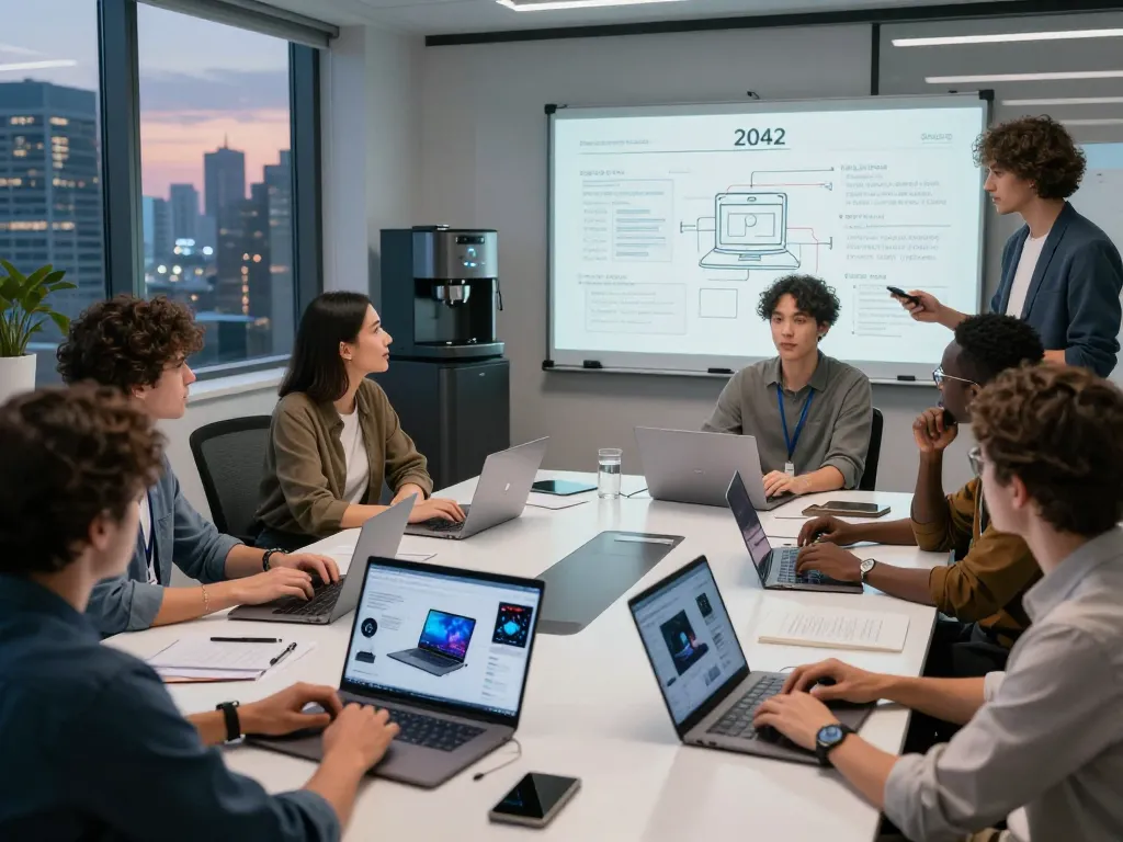 Collaborative workspace showcasing innovative designs for the top 10 tech gadgets 2042 in a dynamic office setting.