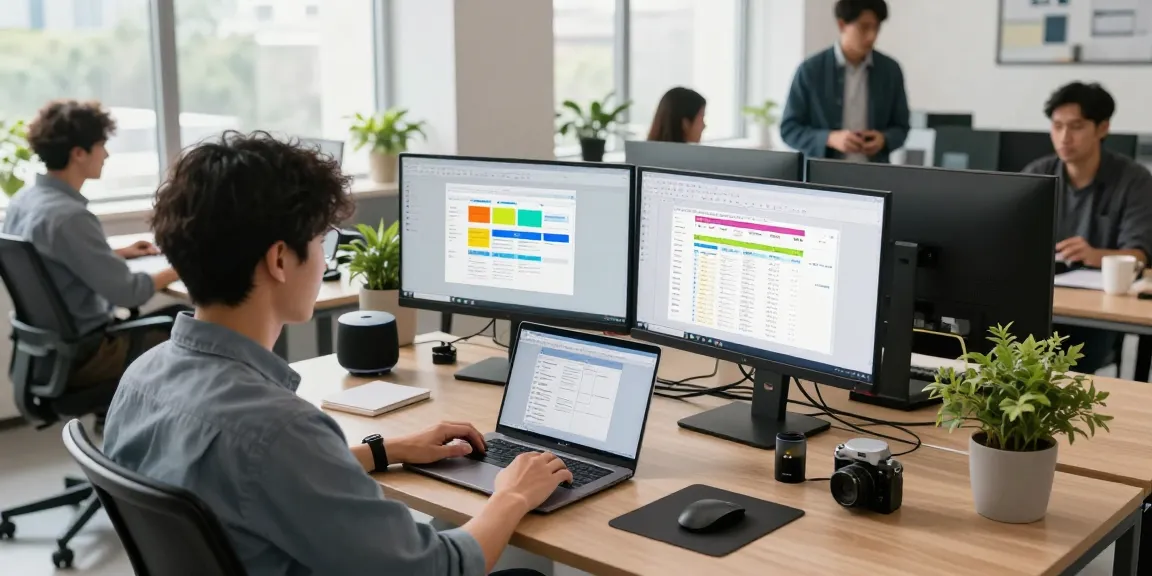 Team collaborating using WPS Official Website in a modern office space with bright decor and screens displaying documents.