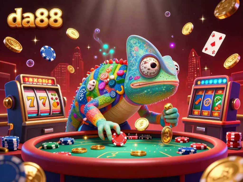 Experience thrilling games at da88 with a vibrant chameleon casino owner in a dynamic, colorful scene.