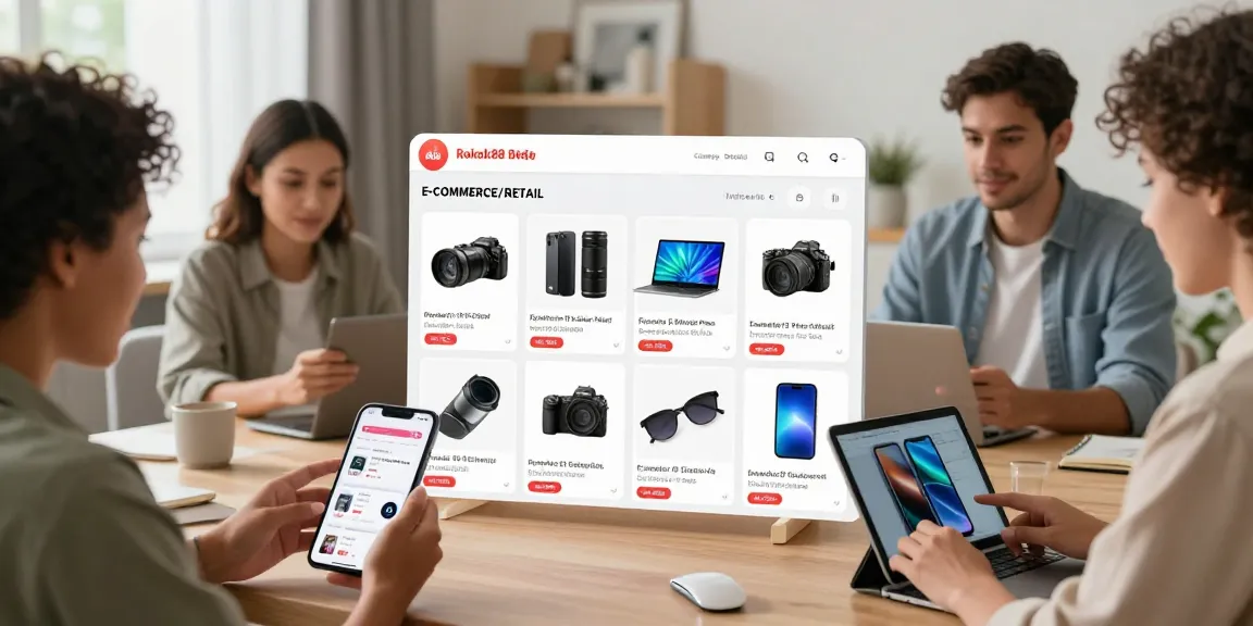 Rokok88 app showcases diverse electronics and gadgets in a vibrant online shopping scene.