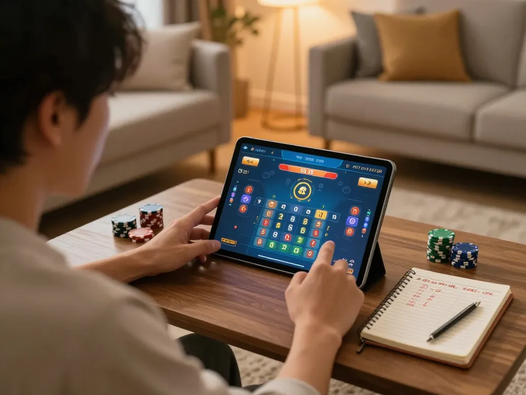 Experience Tài Xỉu Online with a focused player managing bets and strategies in a cozy home setting.