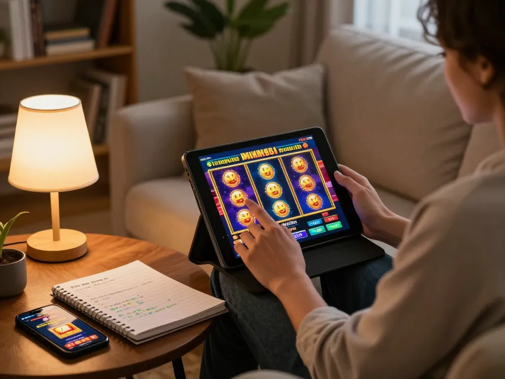Engaged player enjoying MM 88 online slots in a cozy home setting, showcasing strategies and mobile devices.