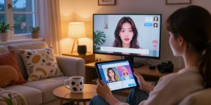 Engaging nsfw ai chat scene with personalized AI character displayed on a monitor in a cozy home.