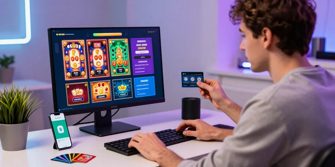 Ein junger Erwachsener genießt ein Paysafe Card Casino-Erlebnis in einer lebhaften Online-Umgebung mit sichtbaren Spieloptionen auf dem Bildschirm.