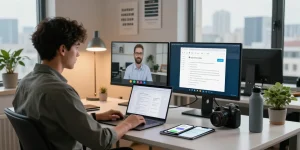 Professional using Telegram web version in a vibrant digital workspace.