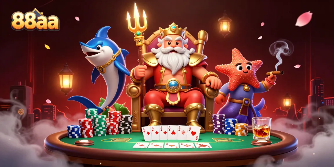 Bet big with 88aa at a lively poker table featuring vibrant characters and game elements.