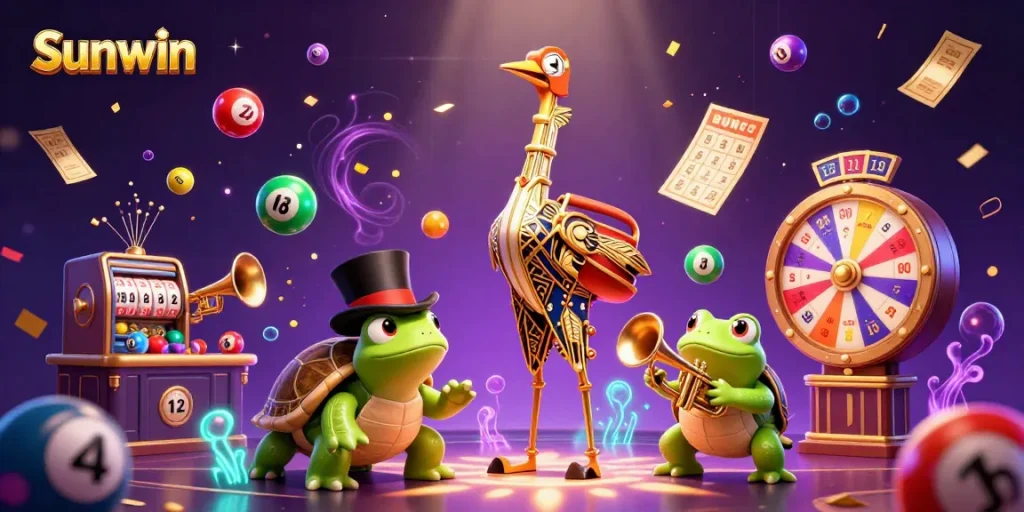 Experience the excitement at Sunwin Casino with vibrant gaming elements and characters in a lively scene.