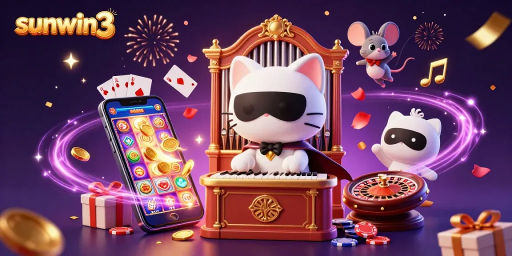 Experience sunwin3's thrilling casino vibes with a spectacular 3D illustration of characters engaging in dynamic gambling activities.