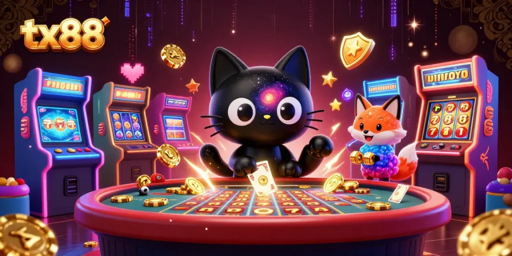 Engage in winning slot strategies with tx88 in this vibrant cosmic casino scene.