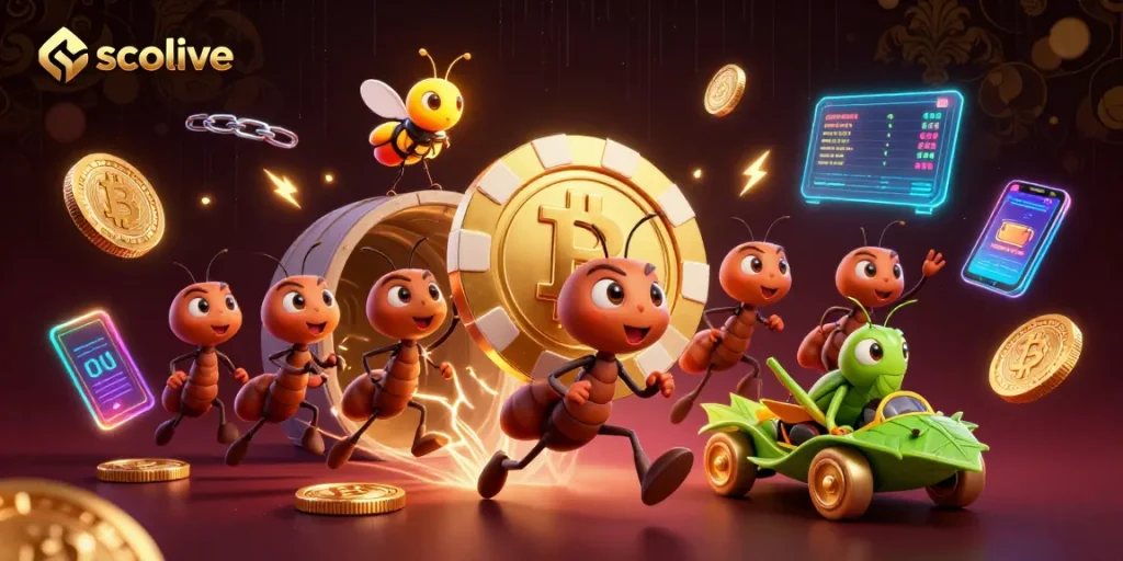 Socolive showcases ants in a thrilling heist with golden poker chips in a vibrant casino-themed digital scene.