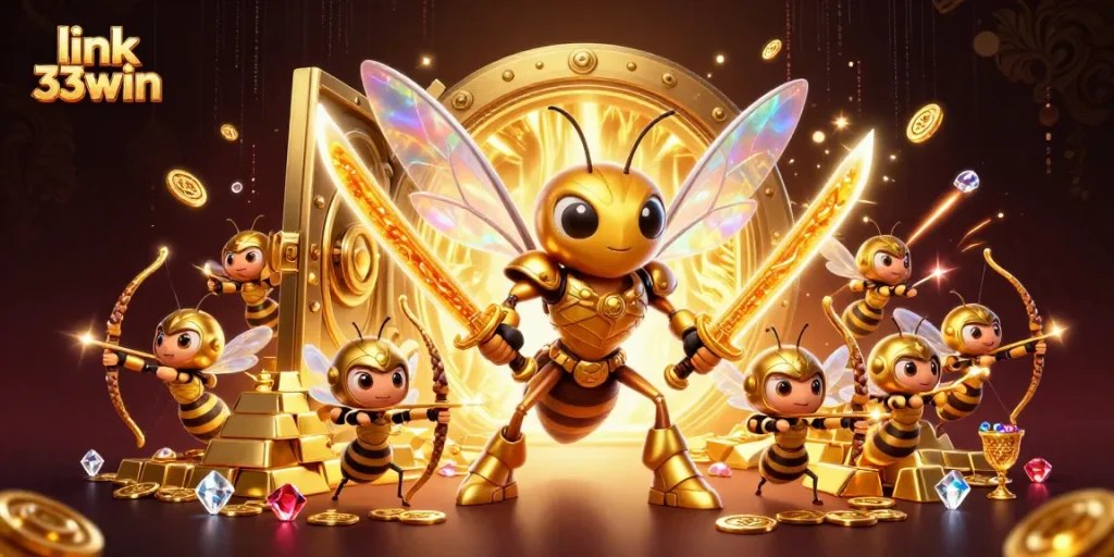 link 33win showcases a stunning 3D illustration of a hornet samurai and bee archers amidst treasure.