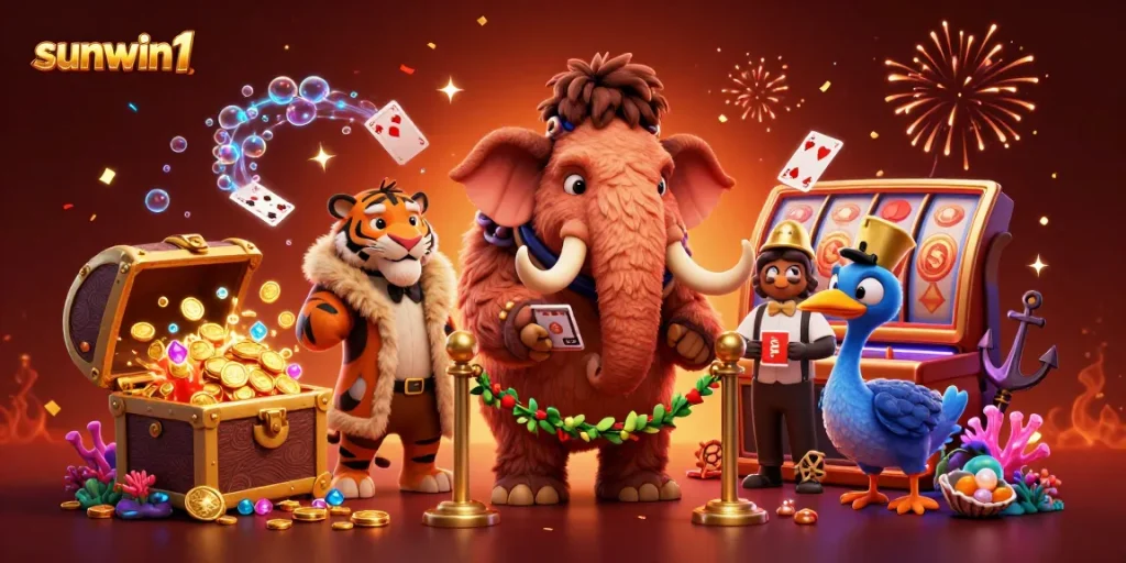 Experience the festive energy of sunwin1 with a vivid 3D casino scene featuring glamorous characters and gaming elements.